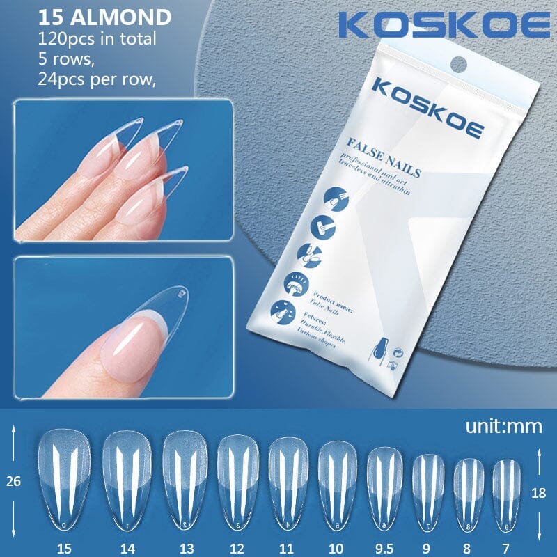 120pcs Almond Half Matte Clear False Nail Tips 15 Nail Tips KOSKOE