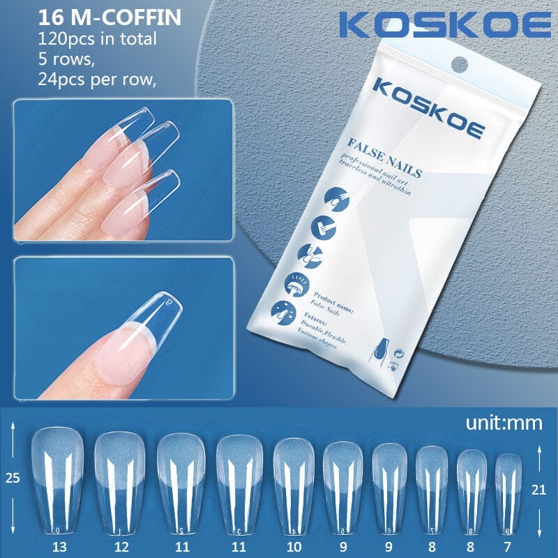 120pcs M-Coffin Half Matte Clear False Nail Tips 16 Nail Tips KOSKOE
