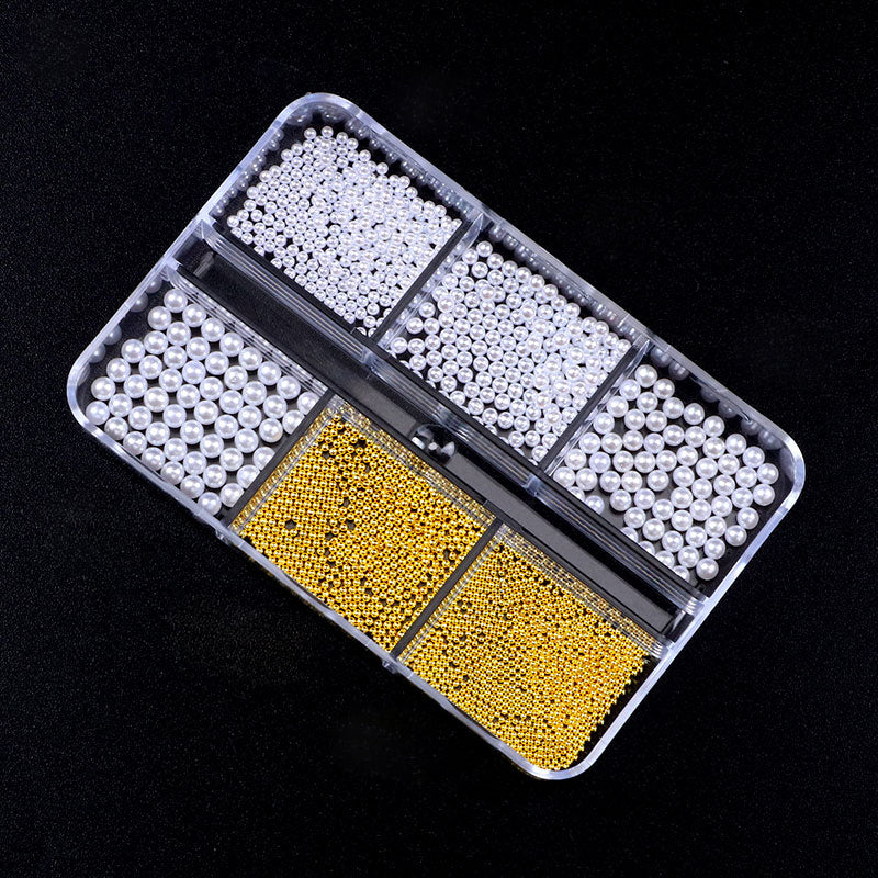 6 Grids 3D Nail Decoration White Pearls & Steel Beads
