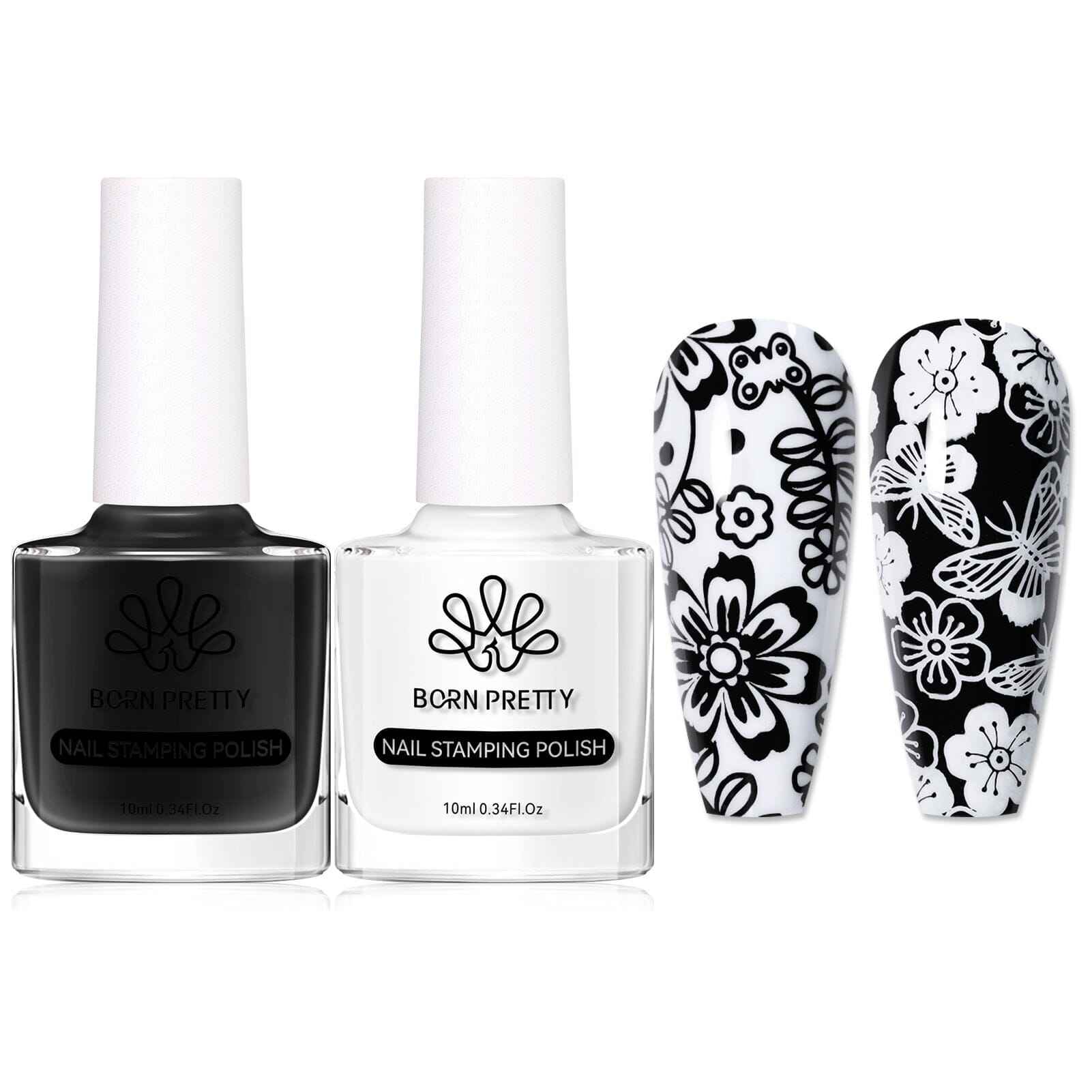 2 Bottles Black White Nail Stamping Polish 10ml Nail Polish BORN PRETTY