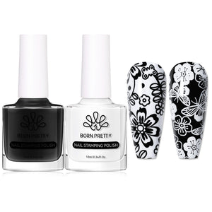 2 Bottles Black White Nail Stamping Polish 10ml Nail Polish BORN PRETTY