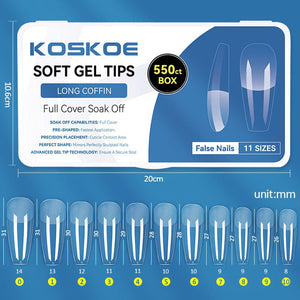 550pcs Full Cover Soft Gel Tips Nail Tips KOSKOE LONG COFFIN