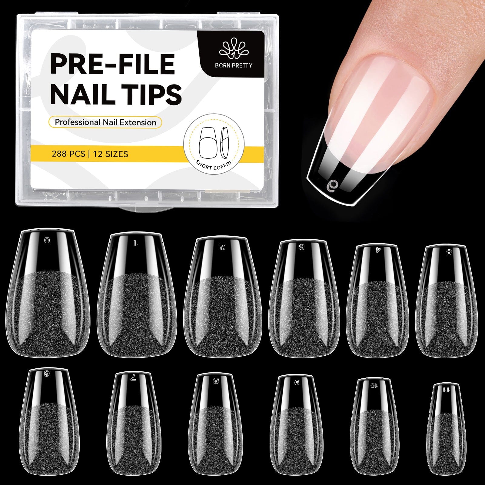 288pcs Short Coffin Pre-File Nail Tips 12 Different Sizes Nail Tips No Brand