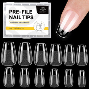 288pcs Short Coffin Pre-File Nail Tips 12 Different Sizes Nail Tips No Brand
