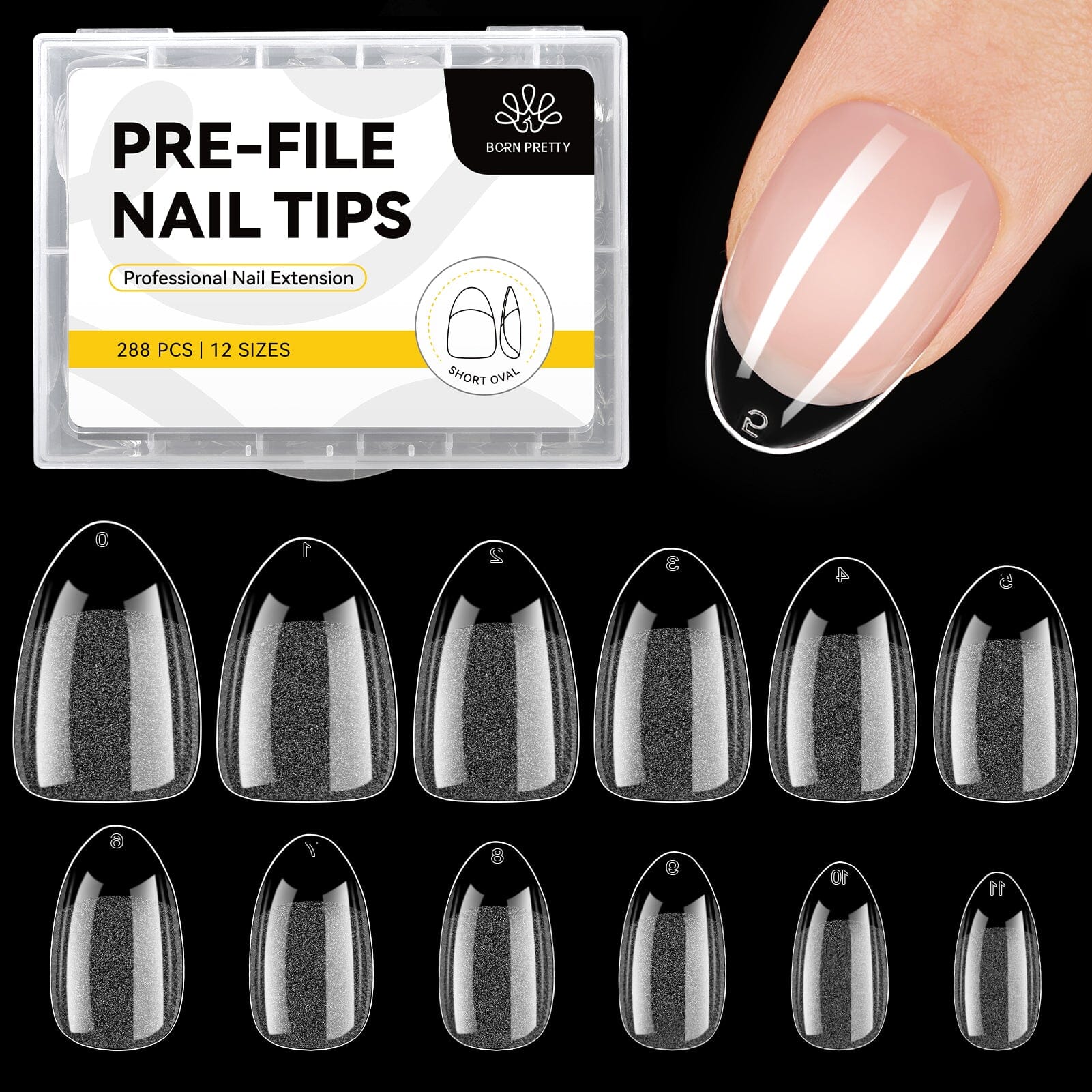 288pcs Short Oval Pre-File Nail Tips 12 Different Sizes Nail Tips No Brand