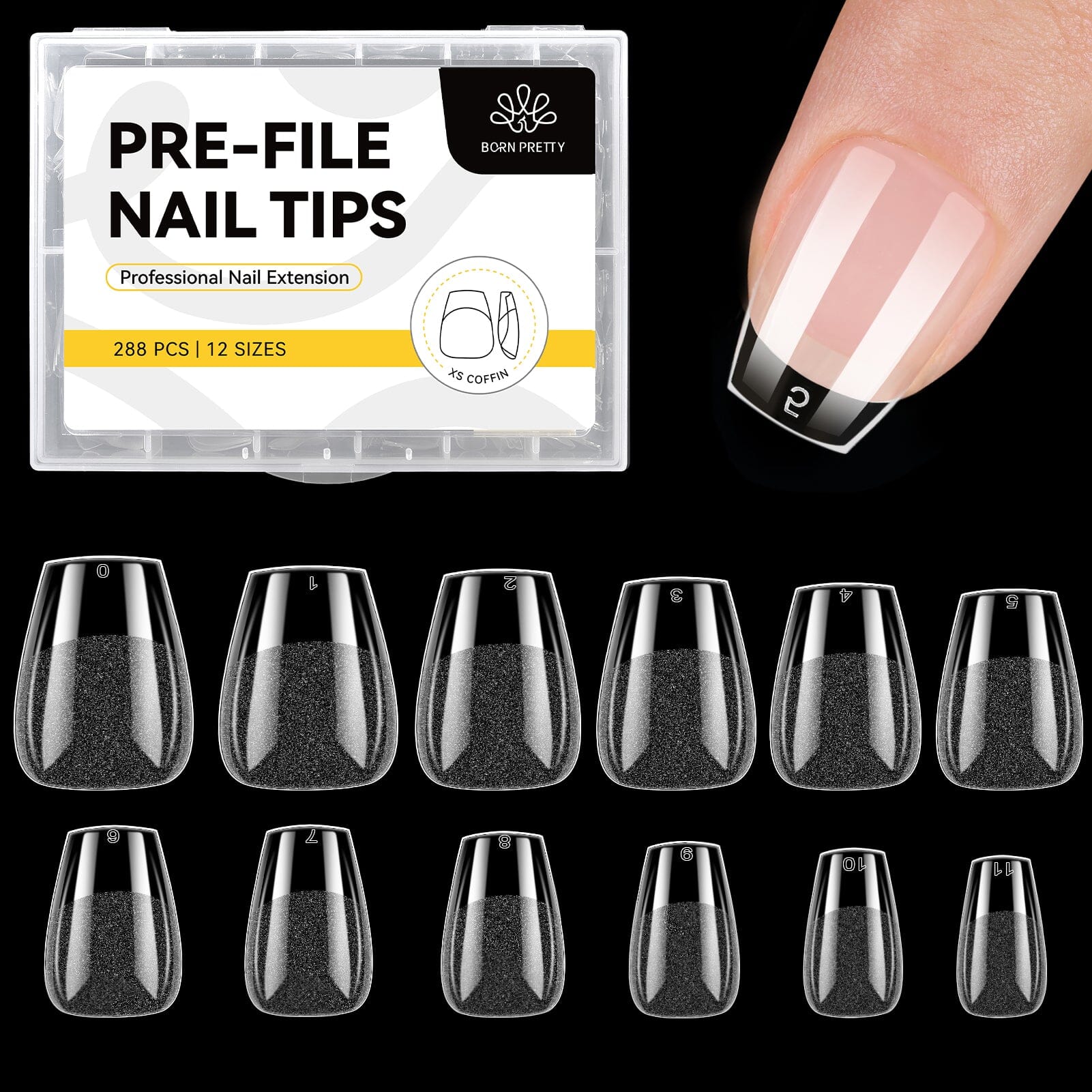 288pcs XS Coffin Pre-File Nail Tips 12 Different Sizes Nail Tips No Brand