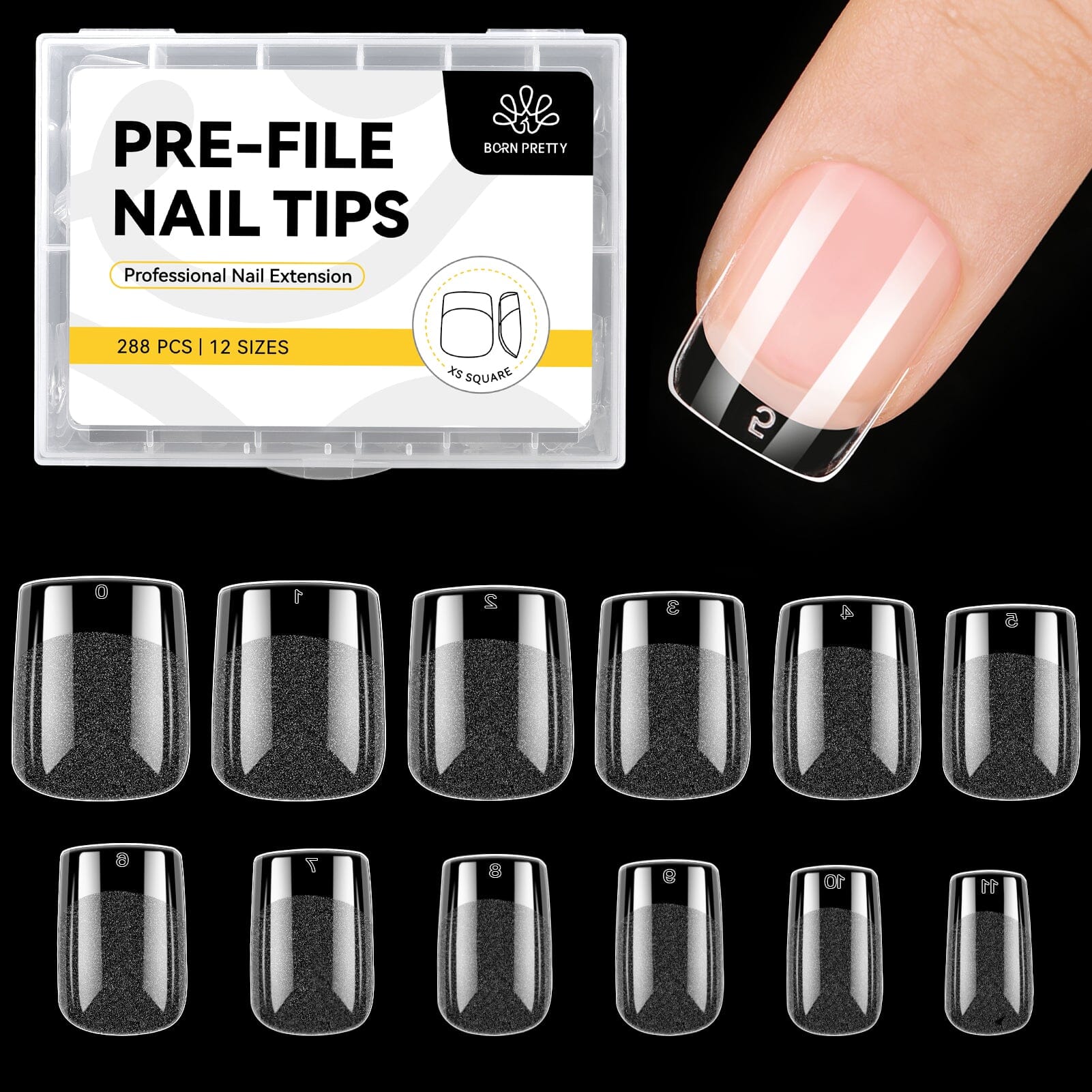 288pcs XS Square Pre-File Nail Tips 12 Different Sizes Nail Tips No Brand