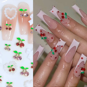 24pcs 3D Heart Bowknot Cherry Nail Decorations Mixed Rhinestones Charms Nail Decoration No Brand