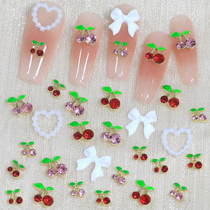 24pcs 3D Heart Bowknot Cherry Nail Decorations Mixed Rhinestones Charms Nail Decoration No Brand