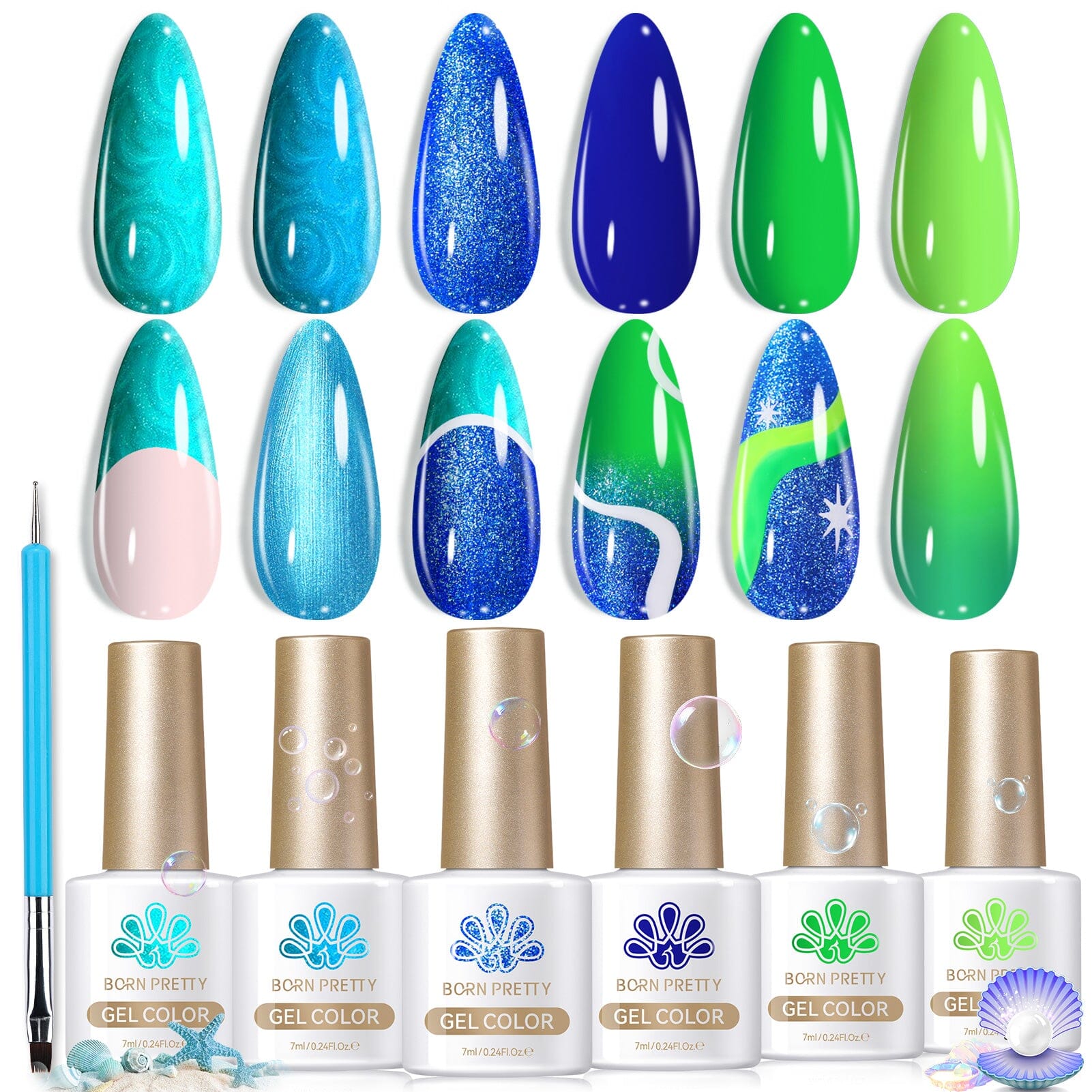 6 Colors Blue Green Threaded Gel Polish Set T03 Fairy Snail 7ml Gel Nail Polish BORN PRETTY