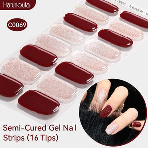 16 Tips Red Pink Glitter Semi-cured Gel Nail Wraps C0069 Nail Sticker Harunouta