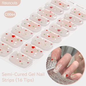 16 Tips Red Heart Dots Glitter Semi-cured Gel Nail Wraps C0064 Nail Sticker Harunouta