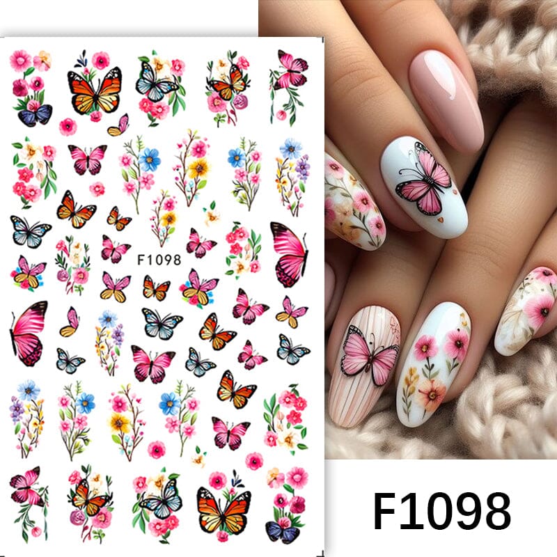 Pink Butterfly Flowers 3D Nail Stickers F1098 Nail Sticker No Brand