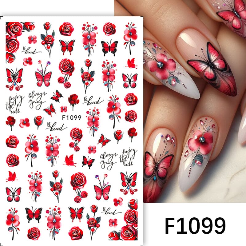 Red Butterfly Flowers 3D Nail Stickers F1099 Nail Sticker No Brand