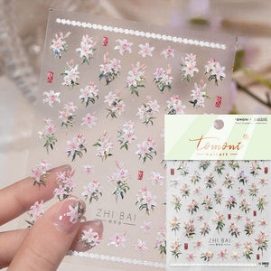 Spring Pink White Lily Flowers 5D Nail Sticker Nail Sticker No Brand 04