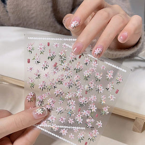 Spring Pink White Lily Flowers 5D Nail Sticker Nail Sticker No Brand