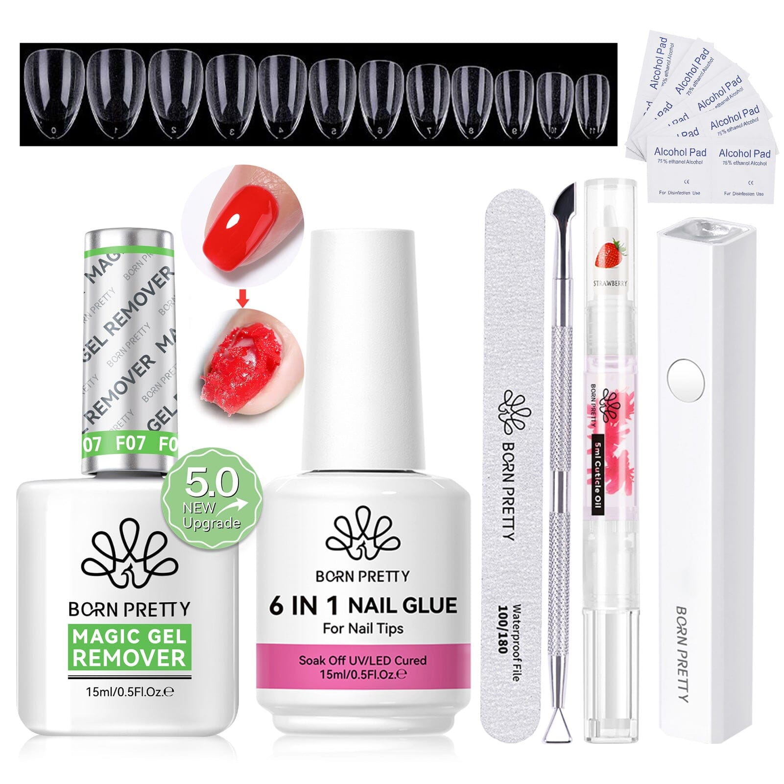 Magic Gel Remover New Upgrade Acetone-Free with 6 IN 1 Nail Glue Gel 15ml Tools Kit #11 Gel Nail Polish BORN PRETTY