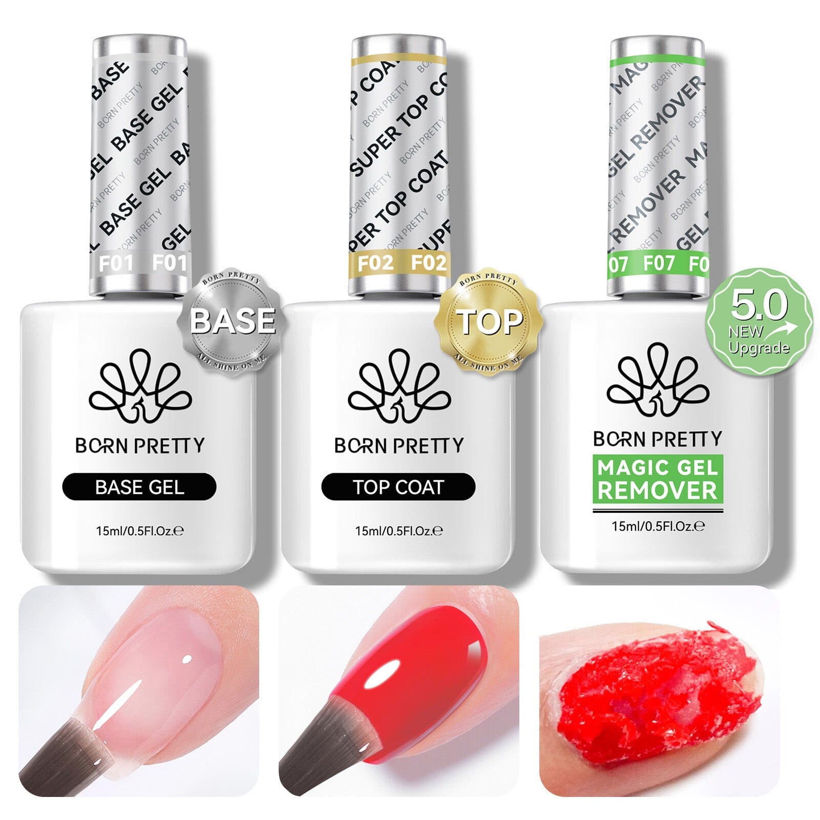 3 Bottles Set Magic Gel Remover with Base Top Coat 15ml Gel Nail Polish BORN PRETTY