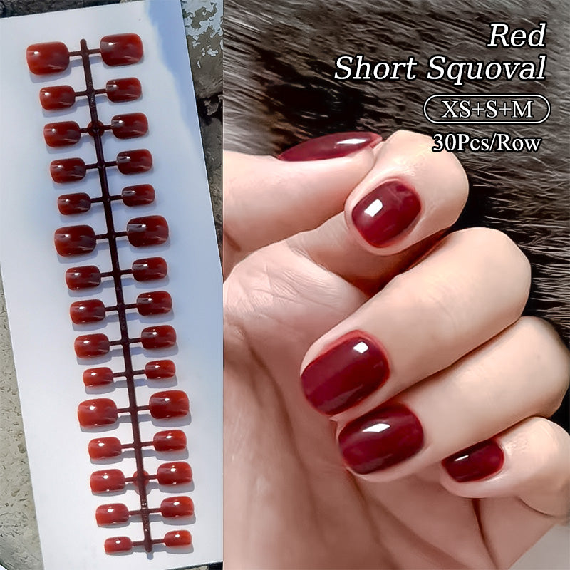 30pcs Red Short Squoval Press on Nails