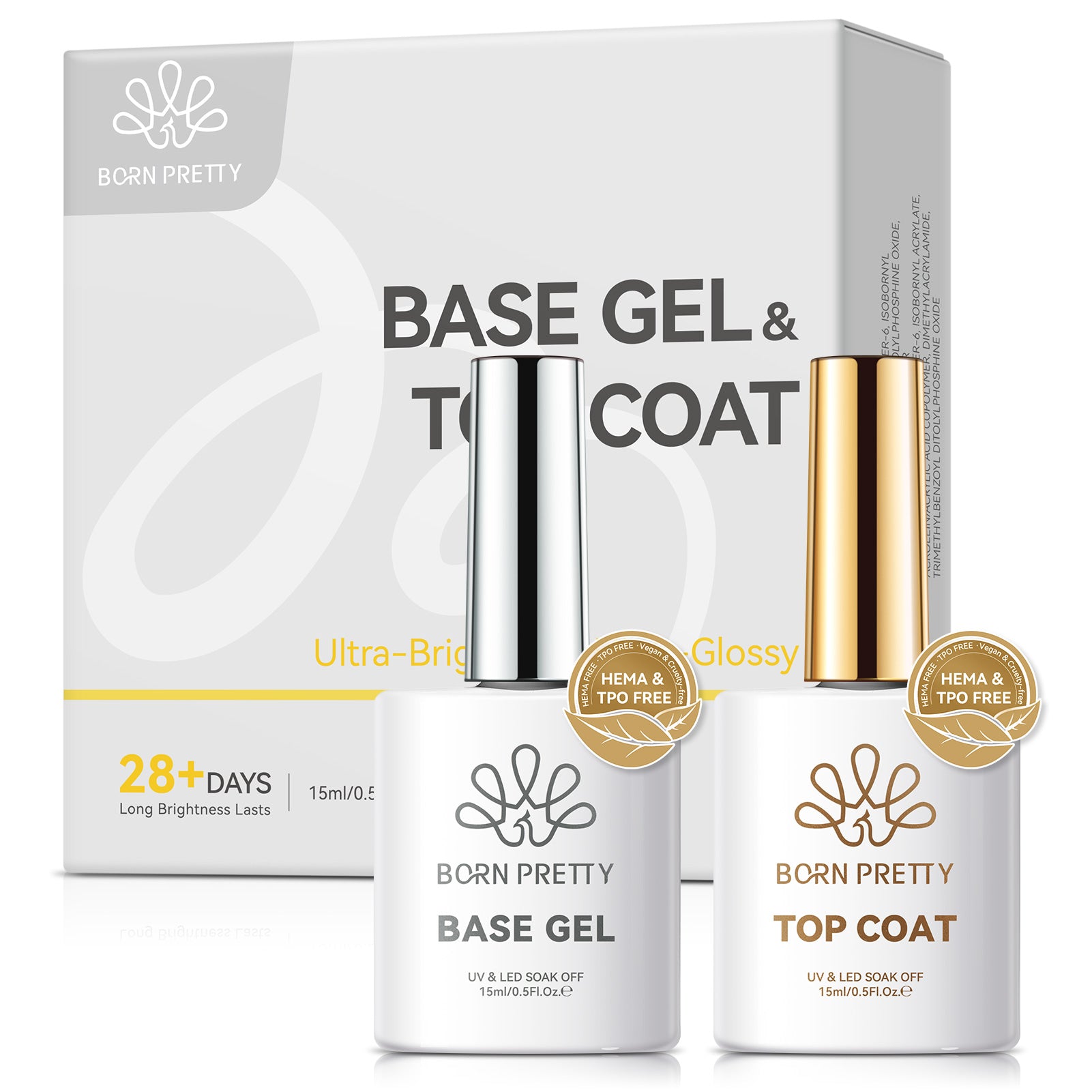 2pcs Set Base Gel Top Coat 15ml HEMA/TPO FREE