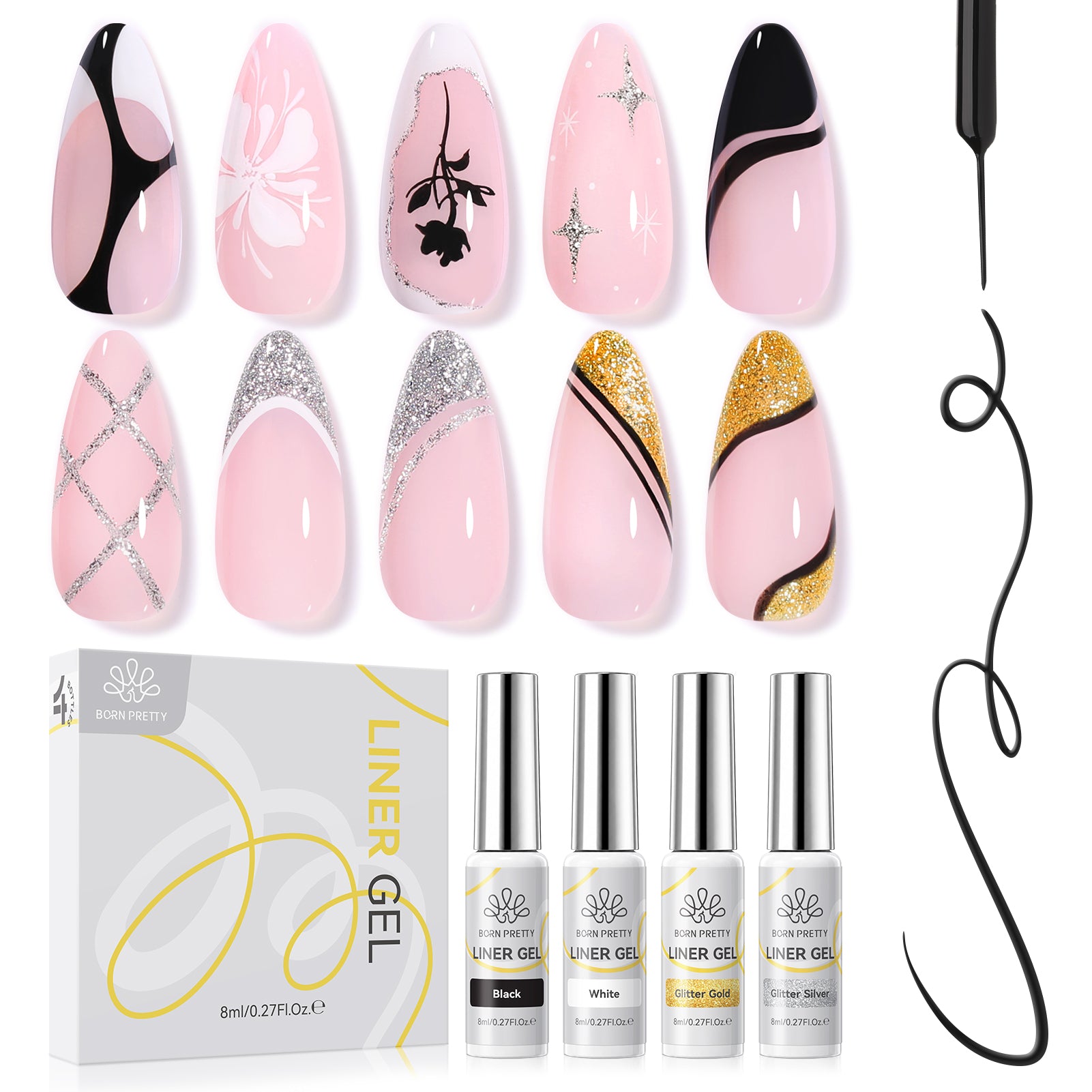 4 Colors Liner Gel Set Black White Gold Silver 8ml