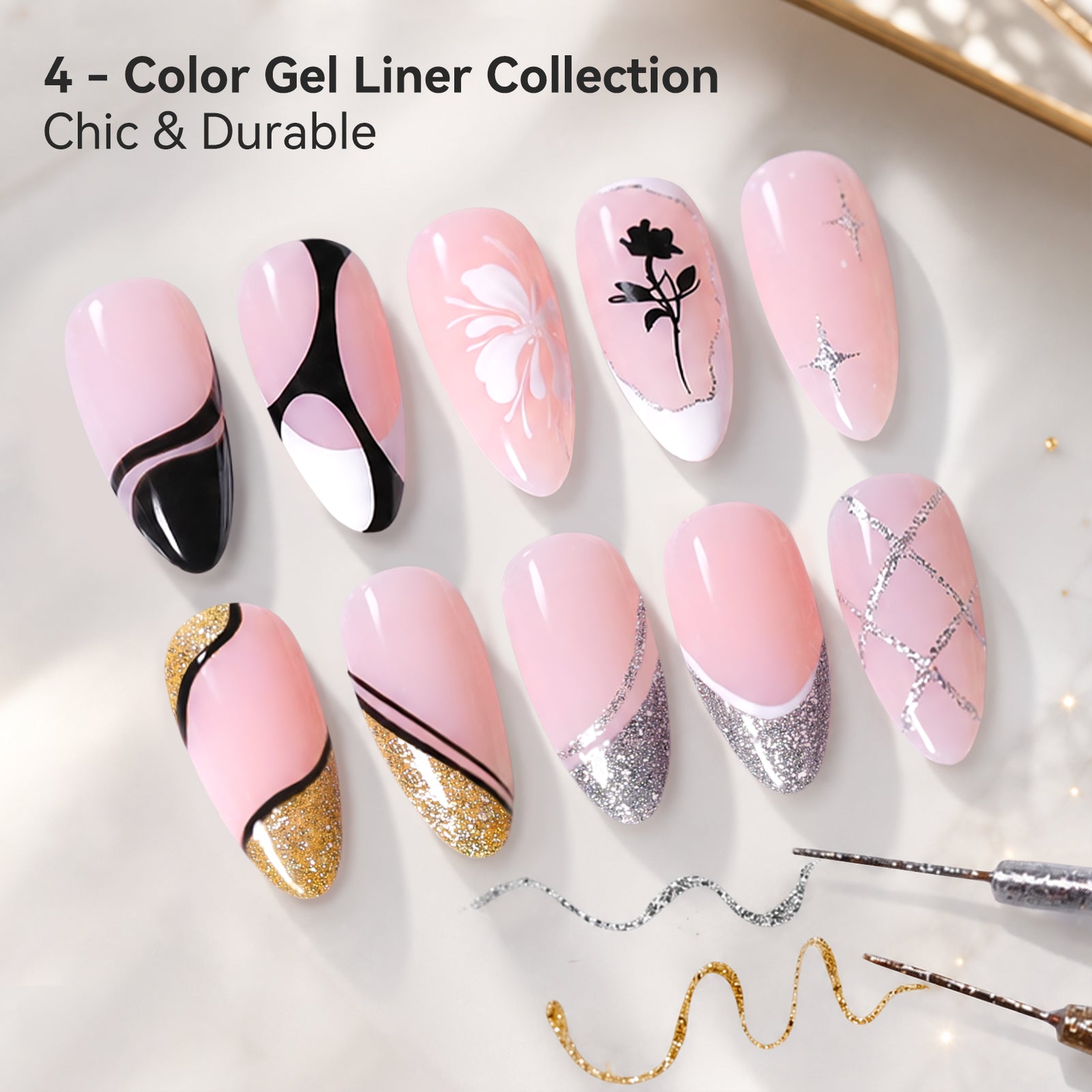4 Colors Liner Gel Set Black White Gold Silver 8ml