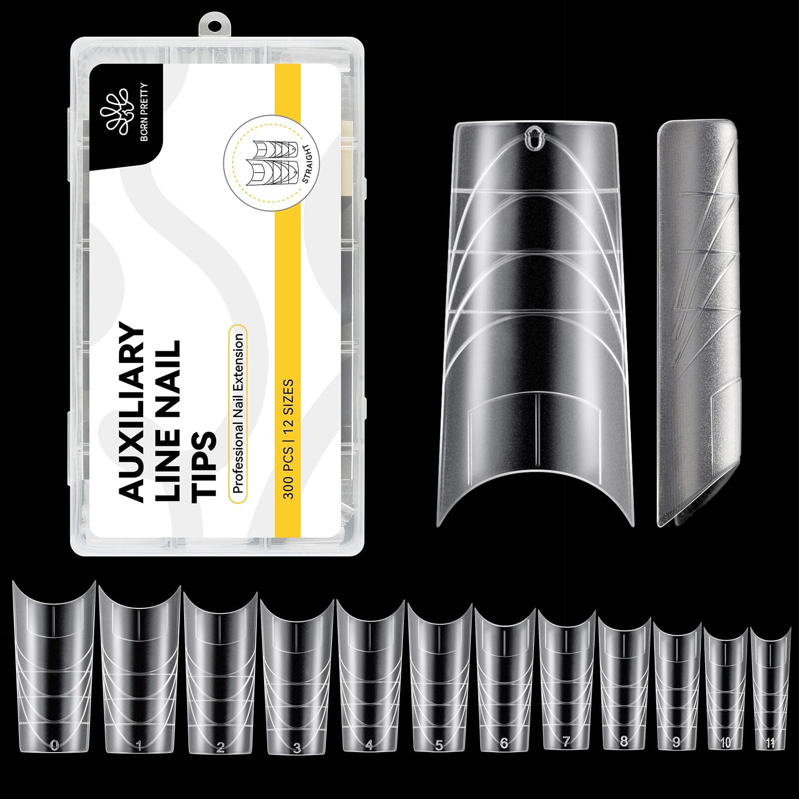 300pcs Half Cover Straight Auxiliary Line Nail Tips 12 Different Sizes Nail Tips BORN PRETTY