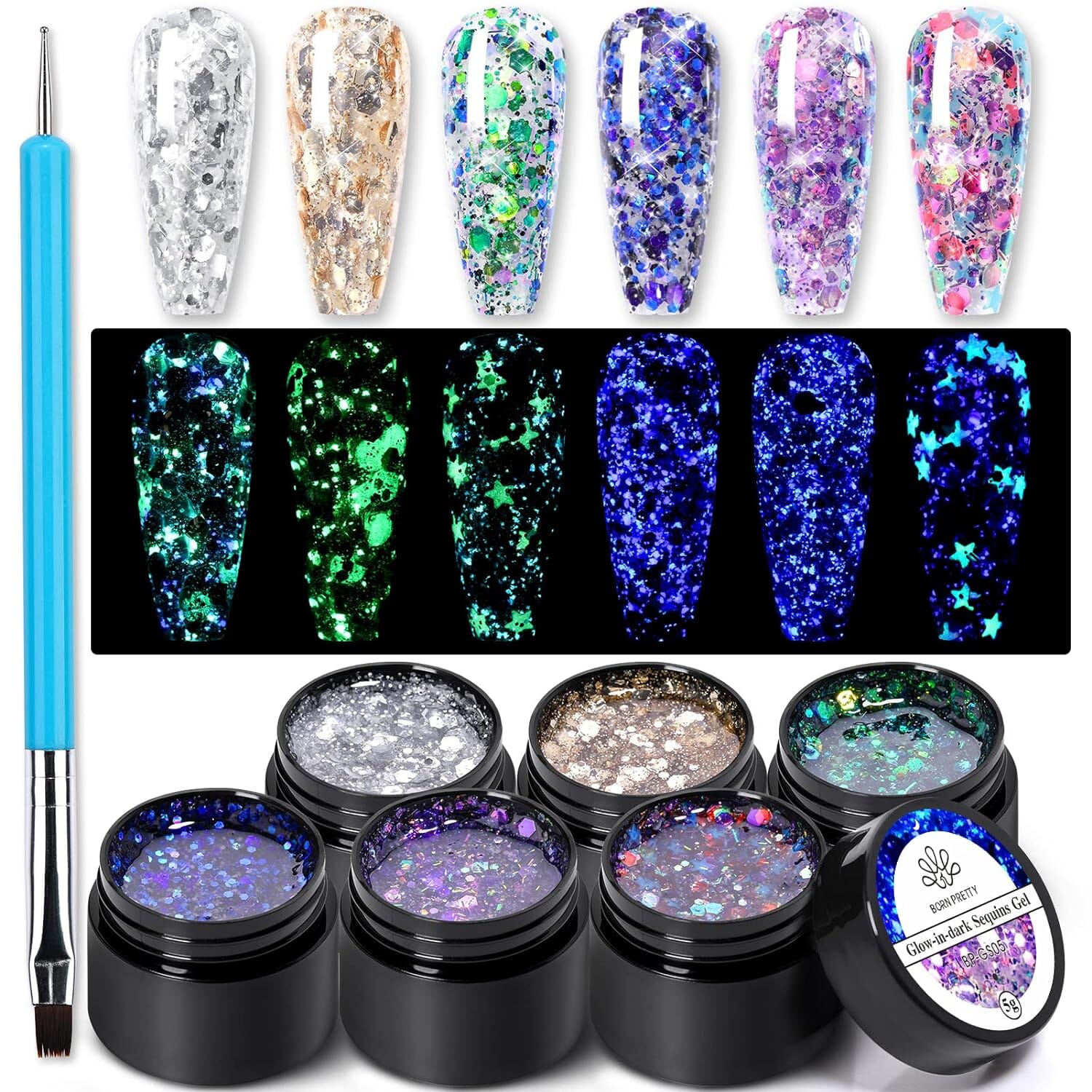 [US ONLY] 6 Colors Glow in the Dark Luminous Gel Polish Set Glitter Sequins Gel with Nali Brush Pen Gel Nail Polish BORN PRETTY 