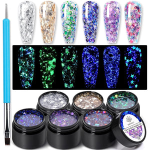 [US ONLY] 6 Colors Glow in the Dark Luminous Gel Polish Set Glitter Sequins Gel with Nali Brush Pen Gel Nail Polish BORN PRETTY 
