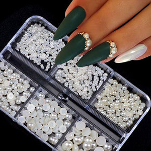 6 Grids White Half Round Pearl 3D Nail Decoration Nail Decoration No Brand 