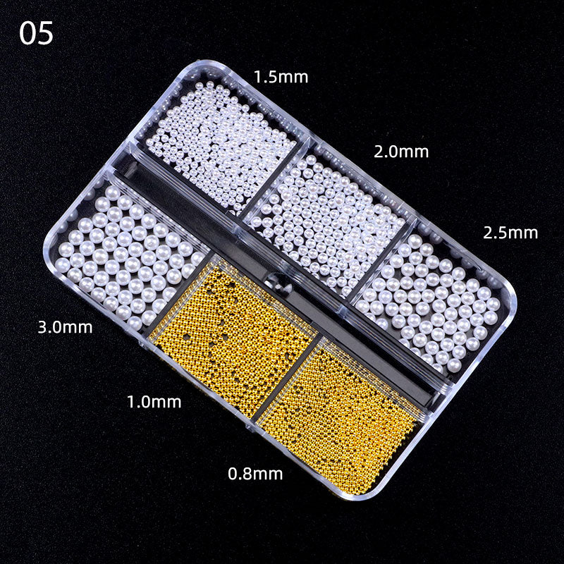 6 Grids 3D Nail Decoration White Pearls & Steel Beads