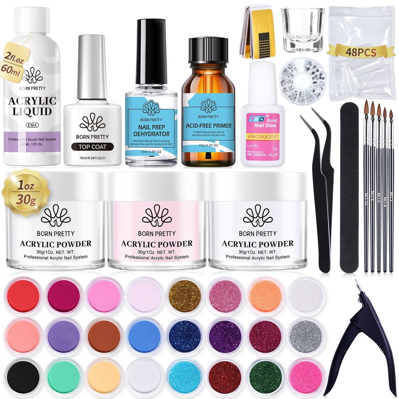 [US ONLY] Acrylic Nail Kit 3 Colors White Pink Clear 30g Nail Powder BORN PRETTY 