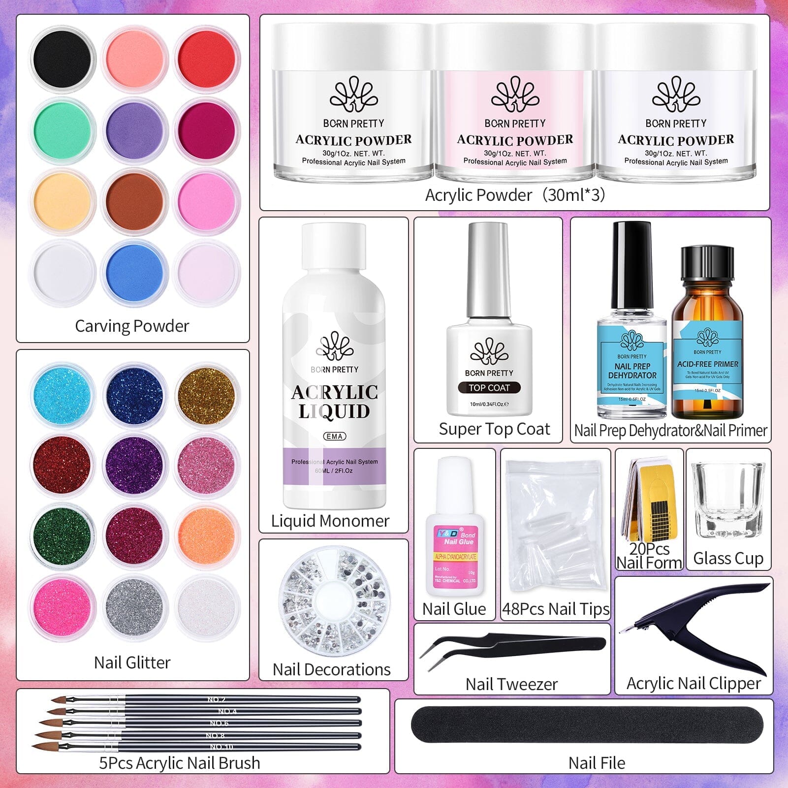 [US ONLY] Acrylic Nail Kit 3 Colors White Pink Clear 30g Nail Powder BORN PRETTY 
