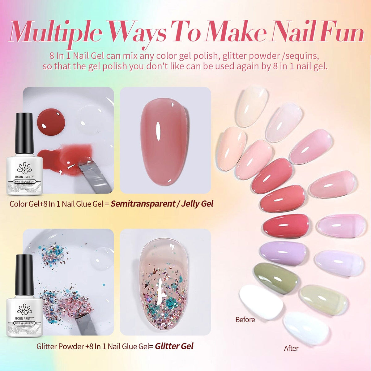 46 Colors Gel with 6pcs Function Gel Set Color Party 6ml Gel Nail Polish BORN PRETTY 