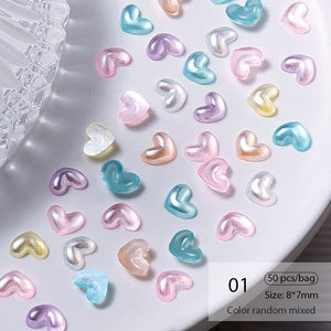 50Pcs Resin Pearl Flatbottom 3D Nail Decoration Heart Butterfly Bowknot Random Color Mixed Nail Decoration No Brand 01 