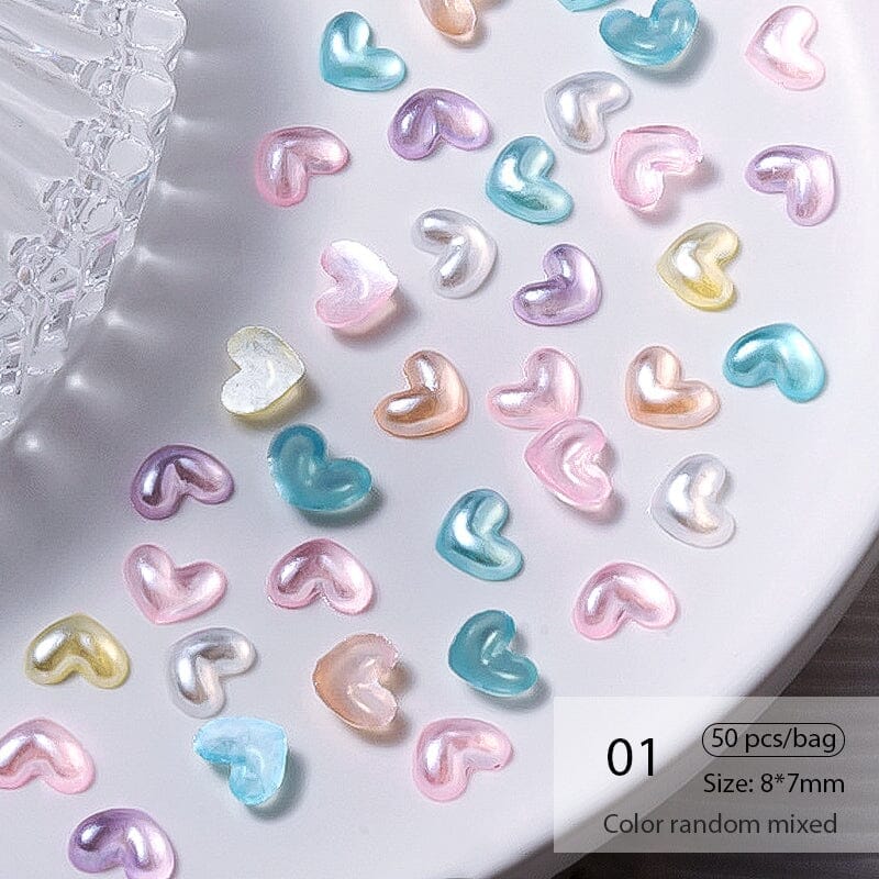 50Pcs Resin Pearl Flatbottom 3D Nail Decoration Heart Butterfly Bowknot Random Color Mixed Nail Decoration No Brand 01 