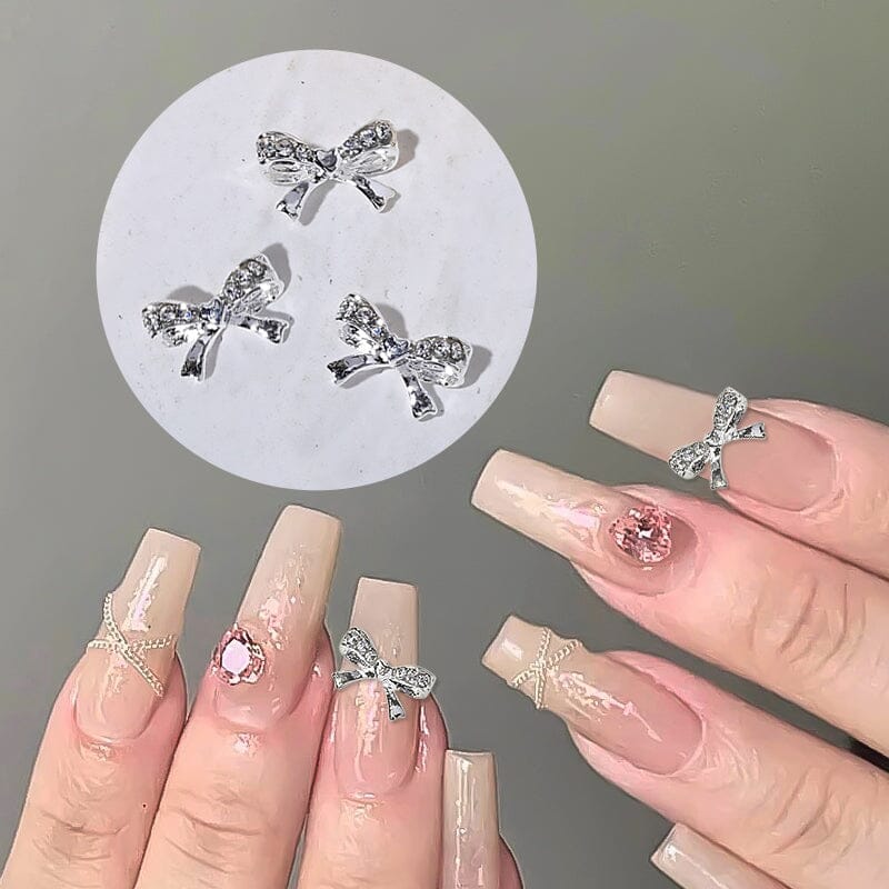 Silver Bowknot Rhinestones Metal Nail Decoration 05 Nail Decoration No Brand 