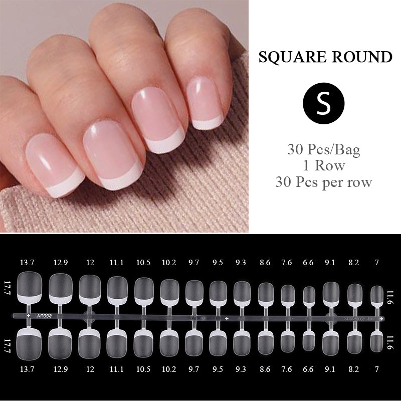 30pcs White French Square Round Press on Nails