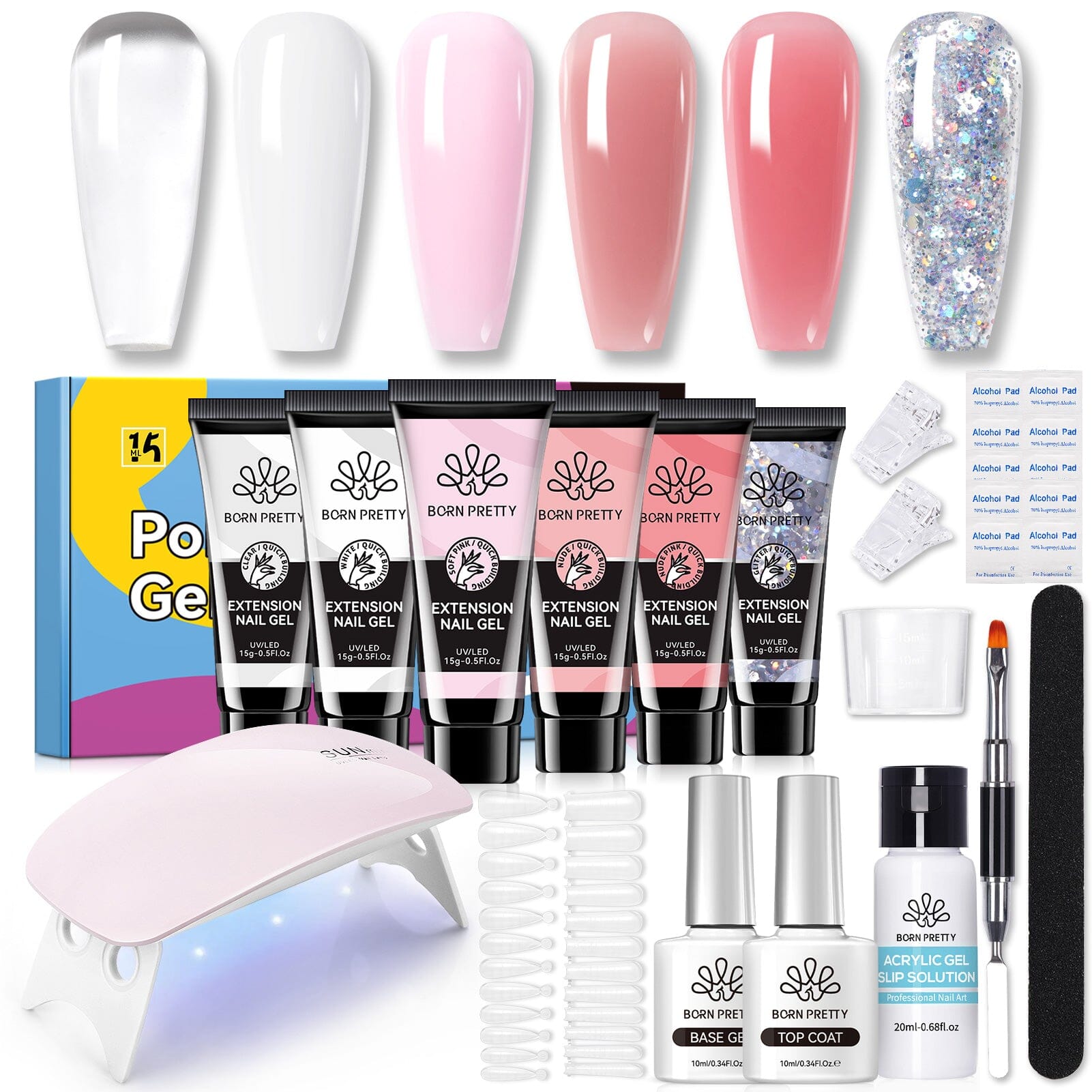 [US ONLY] 6 Colors Extension Gel Nail Kit with UV Light Liquid Brush Tools Sets & Kits BORN PRETTY 