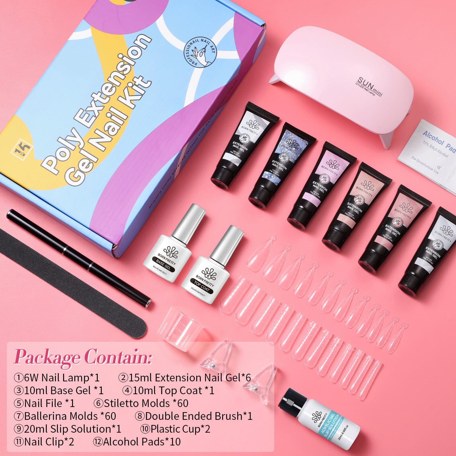 [US ONLY] 6 Colors Extension Gel Nail Kit with UV Light Liquid Brush Tools Sets & Kits BORN PRETTY 