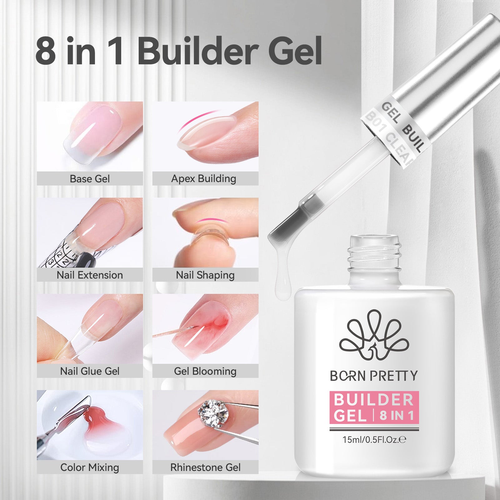 15ml 8 in 1 Builder Gel BG01 Clear Gel Nail Polish BORN PRETTY 