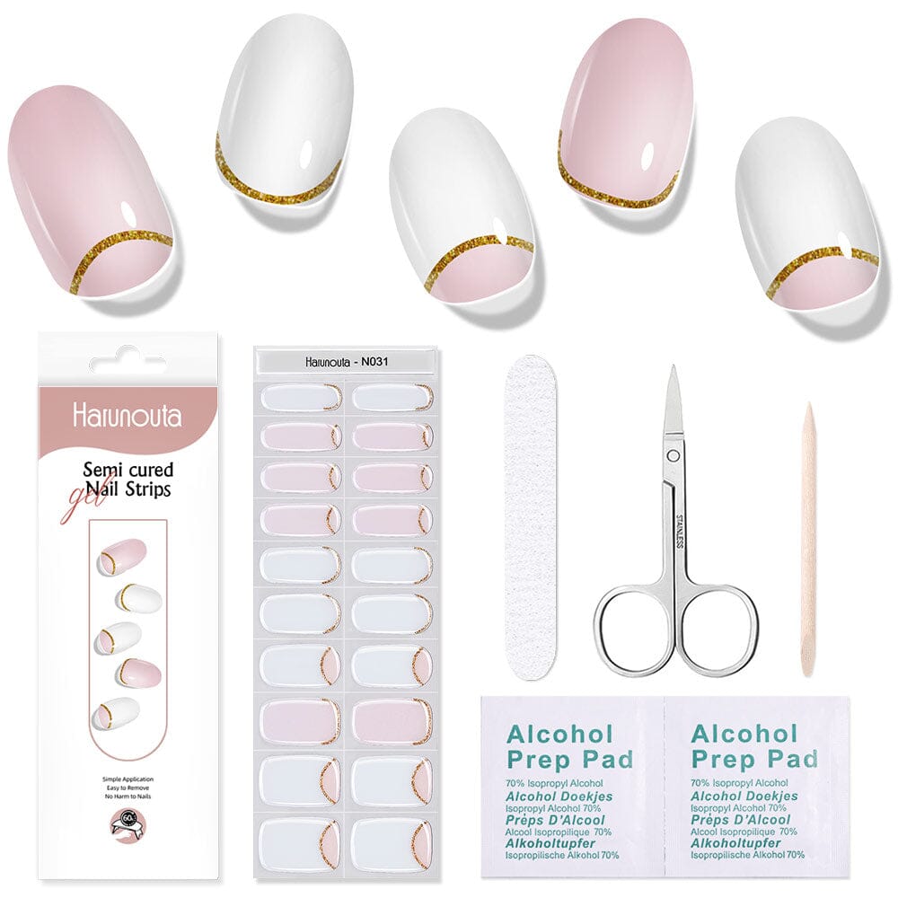 [US ONLY] 20 Tips White Pink Semi-Cured Gel Nail Strips N031 Nail Sticker Harunouta 