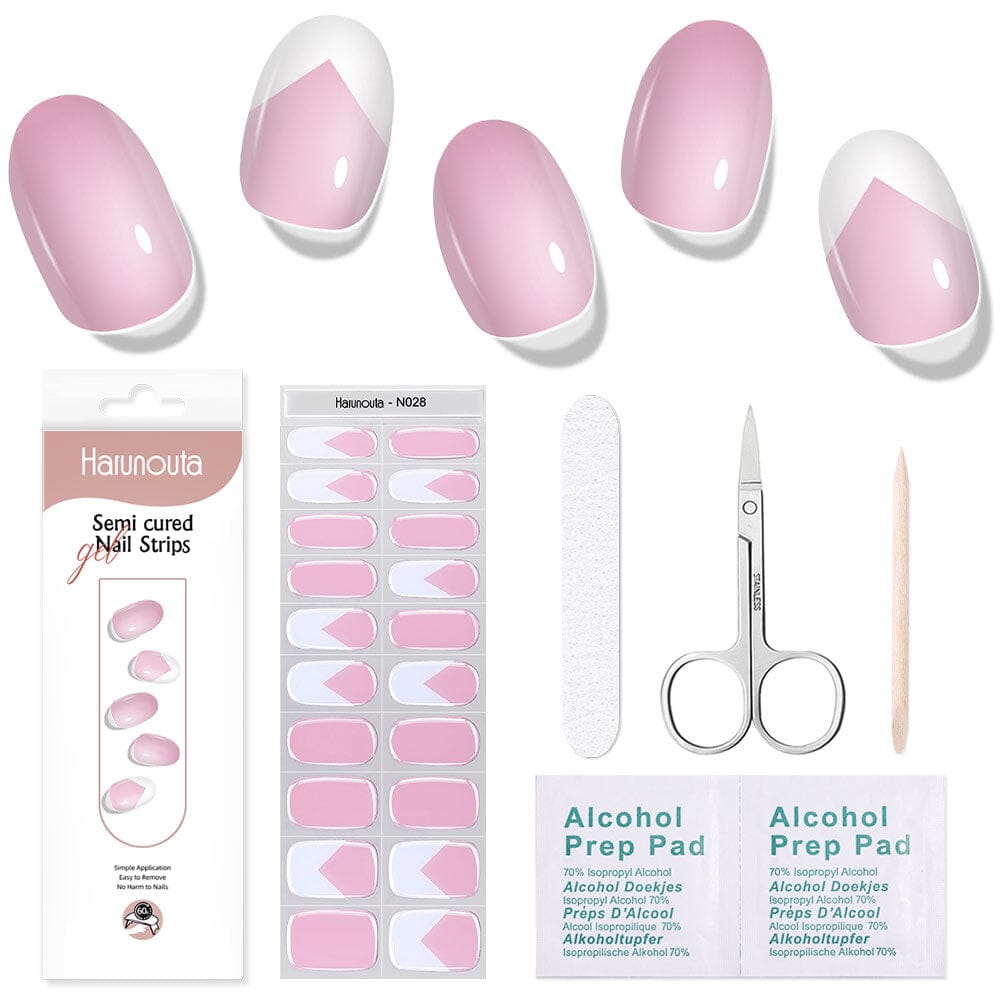 [US ONLY] 20 Tips Pink White Semi-Cured Gel Nail Strips N028 Nail Sticker Harunouta 