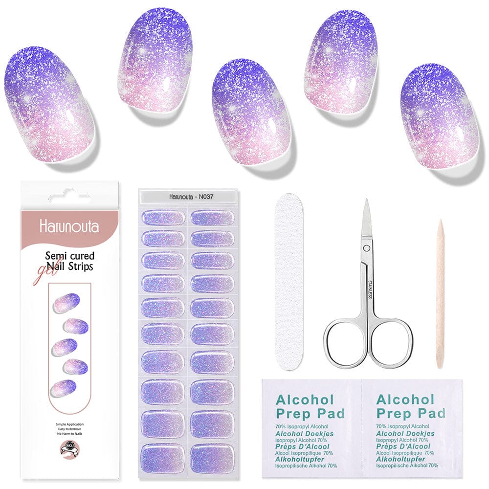 [US ONLY] 20 Tips Purple Shimmer Semi-Cured Gel Nail Strips N037 Nail Sticker Harunouta 