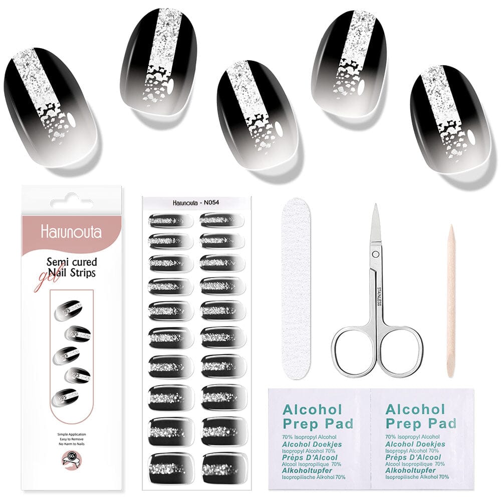 [US ONLY] 20 Tips Black Shimmer Semi-Cured Gel Nail Strips N054 Nail Sticker Harunouta 