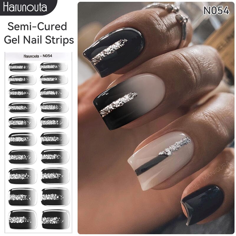[US ONLY] 20 Tips Black Shimmer Semi-Cured Gel Nail Strips N054 Nail Sticker Harunouta 