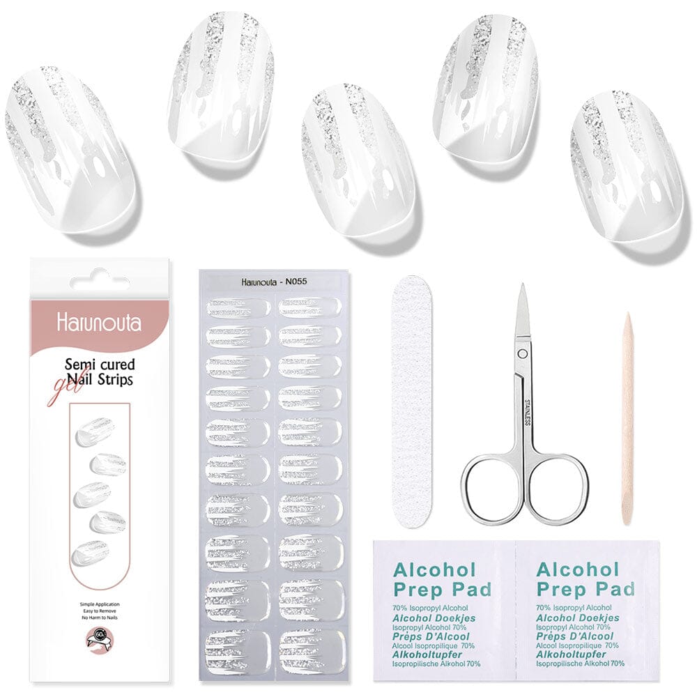 [US ONLY] 20 Tips White Shimmer Semi-Cured Gel Nail Strips N055 Nail Sticker Harunouta 