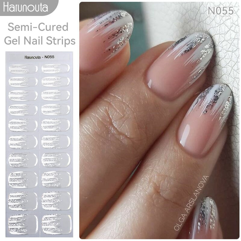 [US ONLY] 20 Tips White Shimmer Semi-Cured Gel Nail Strips N055 Nail Sticker Harunouta 