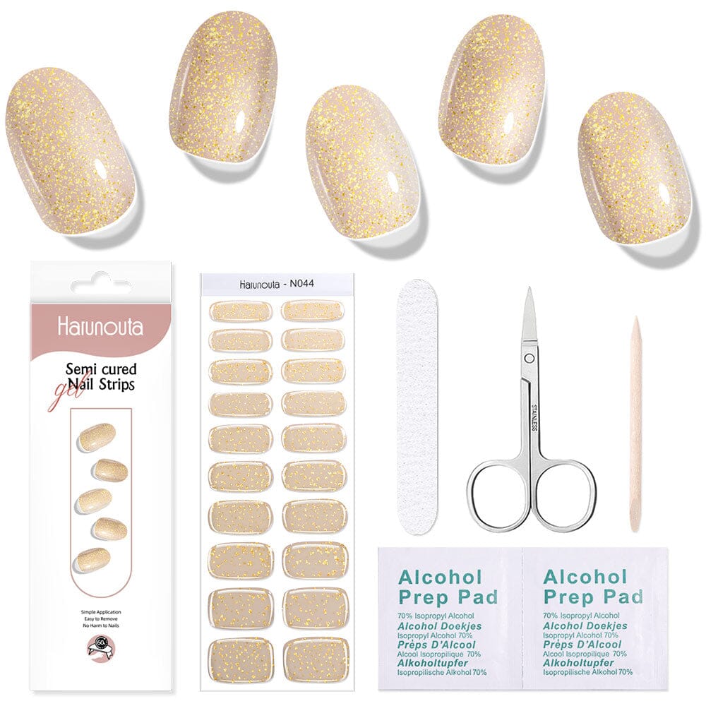 [US ONLY] 20 Tips Gold Shimmer Semi-Cured Gel Nail Strips N044 Nail Sticker Harunouta 