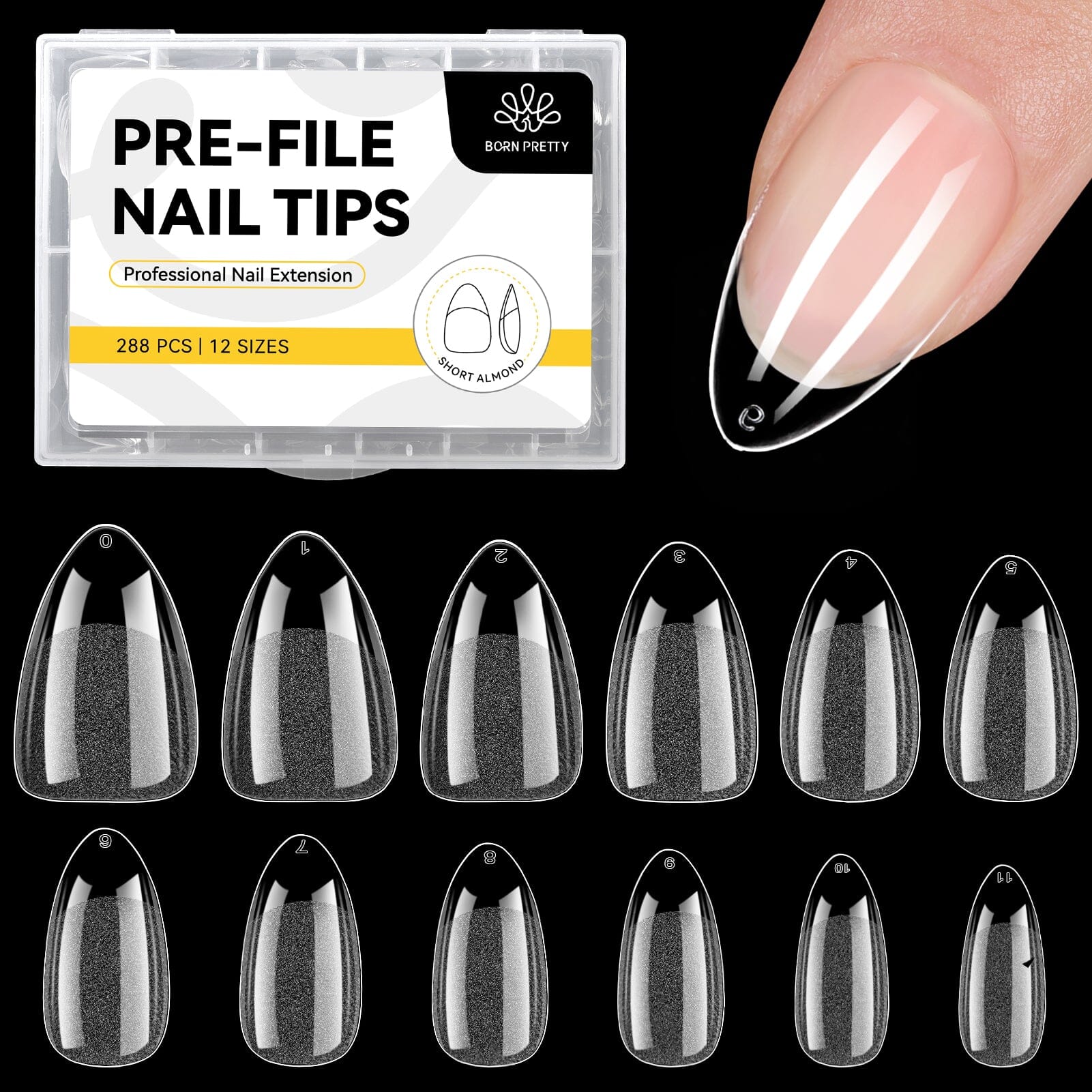 288pcs Short Almond Pre-File Nail Tips 12 Different Sizes Nail Tips No Brand 